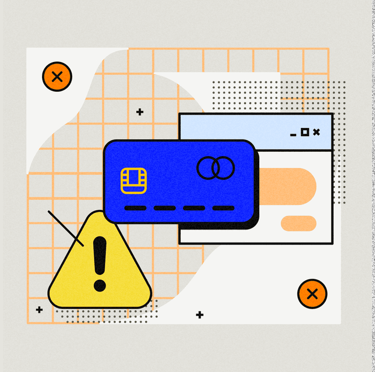 Illustration of a credit card, an online payment portal, and a warning icon