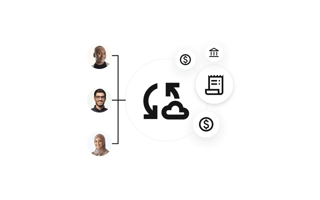 Cloud-based accounting symbols: cloud, receipts, cash, banks