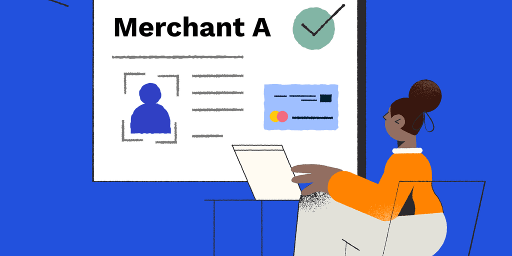Accounts receivable professional sits facing a screen showing merchant applicant information