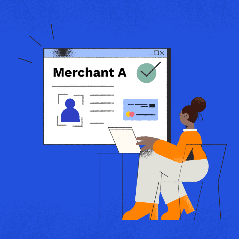 Accounts receivable professional sits facing a screen showing merchant applicant information