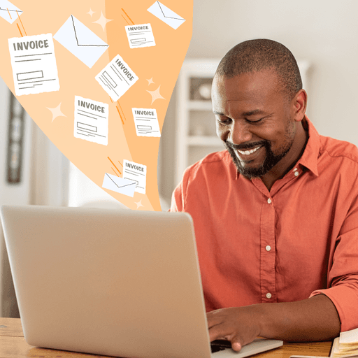 Someone sits at their laptop; animated invoices fly out of the back of the laptop