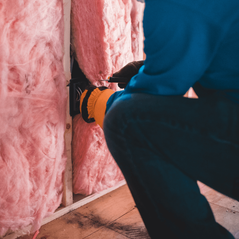 Person kneels while installing insulation