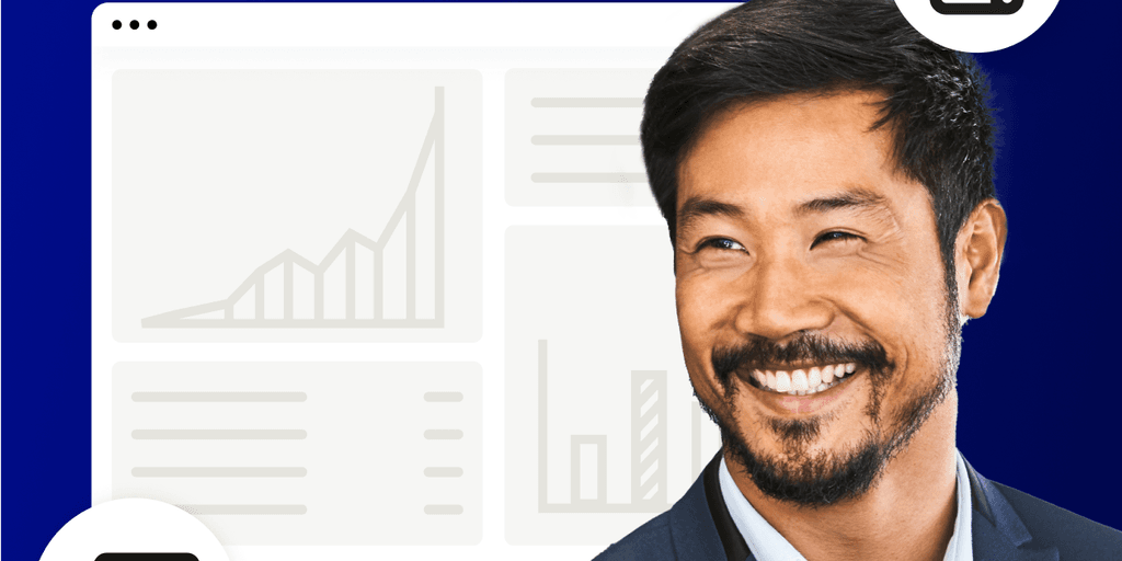 Man smiles; behind him is an accounts receivable dashboard