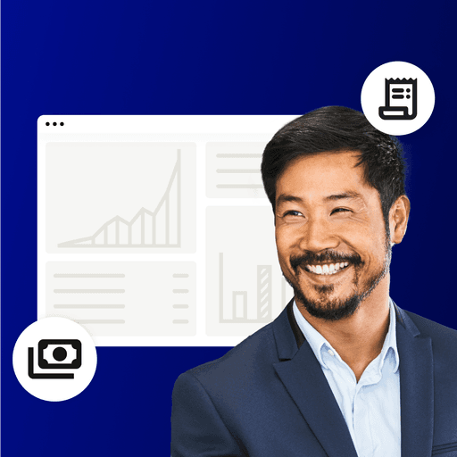 Man smiles; behind him is an accounts receivable dashboard