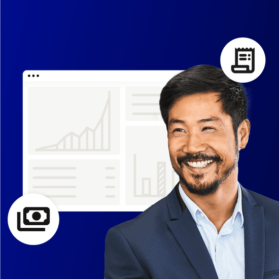 Man smiles; behind him is an accounts receivable dashboard