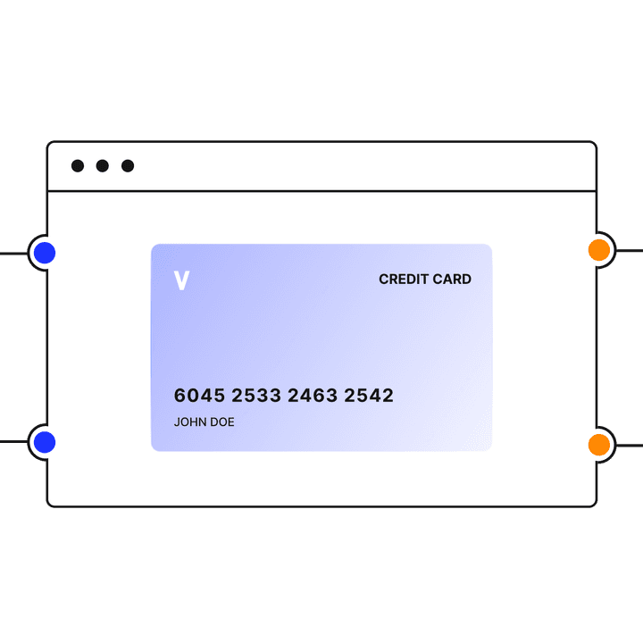 A virtual credit card shown on a web page, with icons floating around it