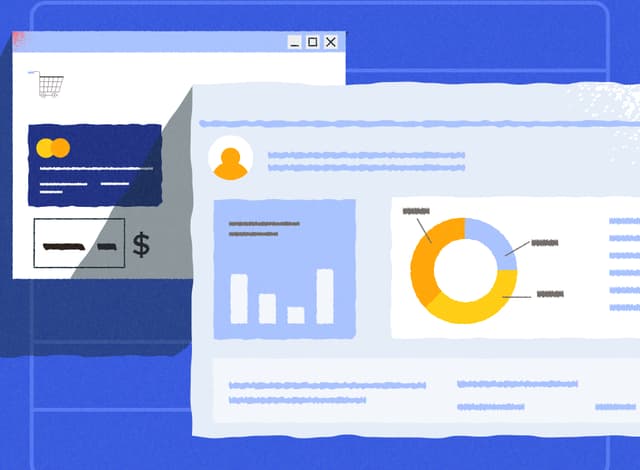 Web page mock up, with a credit card and check on it, alongside an ERP dashboard.