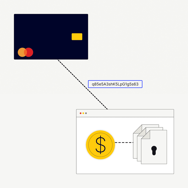 Illustration of a credit card, a jumble of letters and numbers representing tokenization, and symbols representing security
