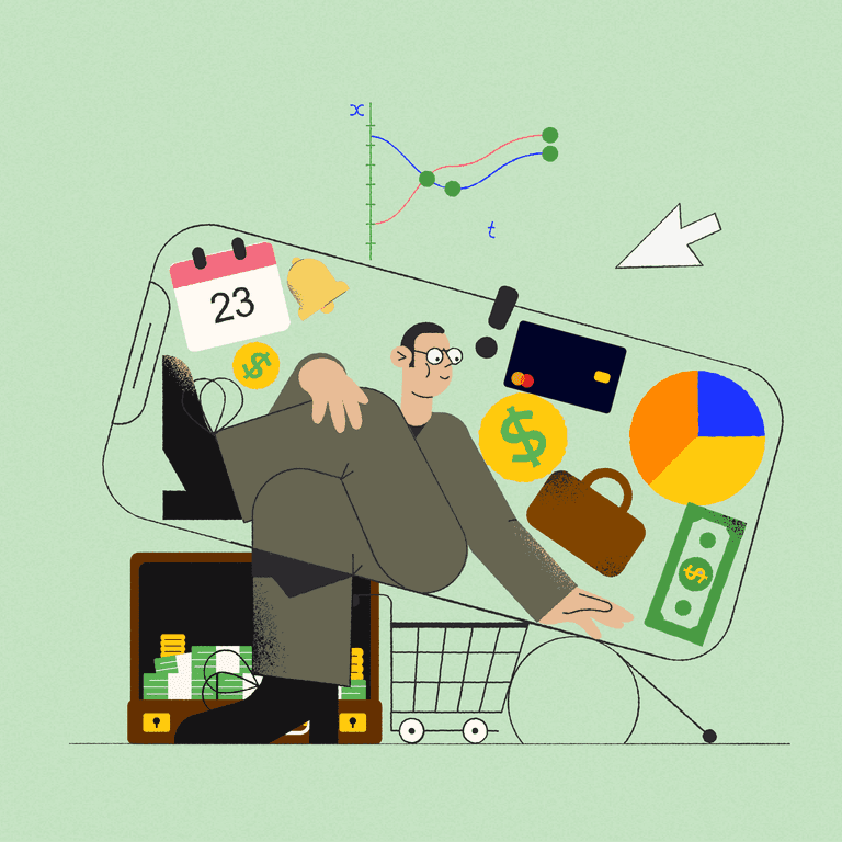 C-suite member sits surrounded by icons: a calendar, a credit card, money, charts, etc.