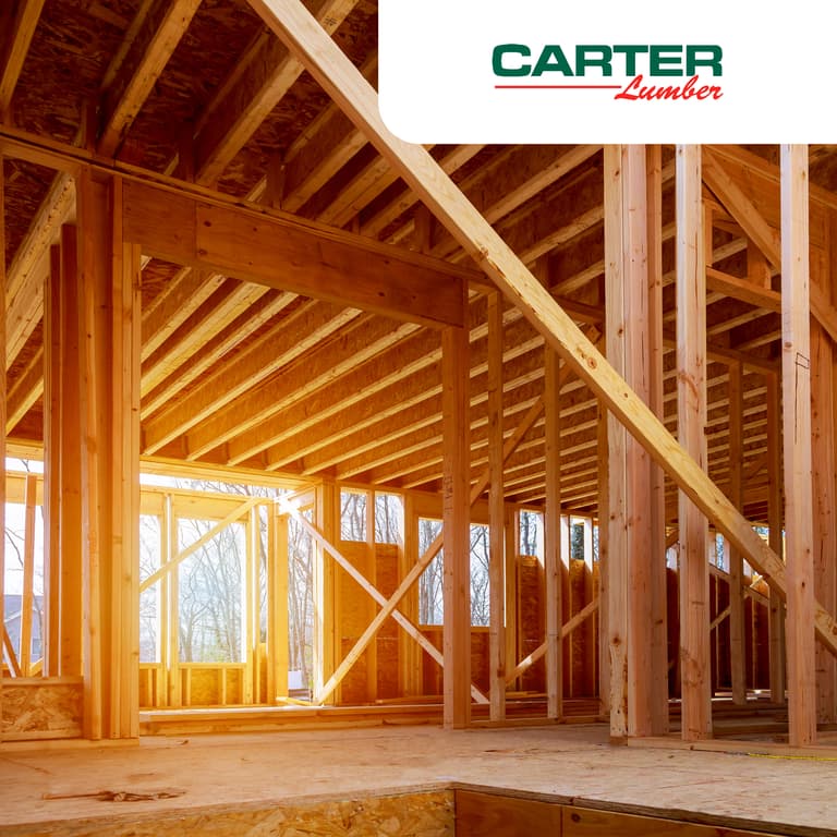 Interior beams showing, of a home that's currently being constructed