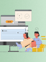 AR professional sitting on a stack of coins, looking at an eCheck on their mobile device