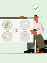 Person stands behind an Internet screen, which displays various B2B payment automation components, like cash, credit cards, and checks.