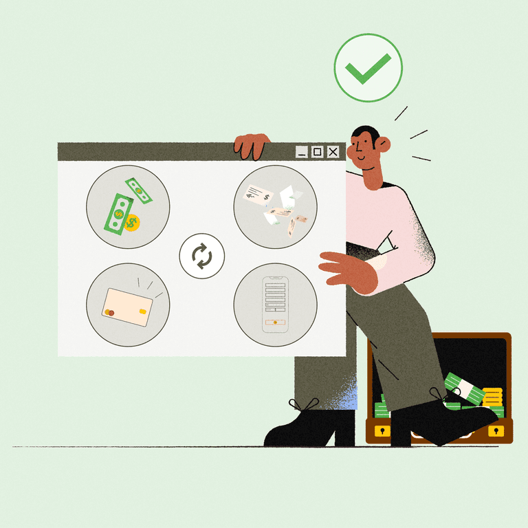 Person stands behind an Internet screen, which displays various B2B payment automation components, like cash, credit cards, and checks.