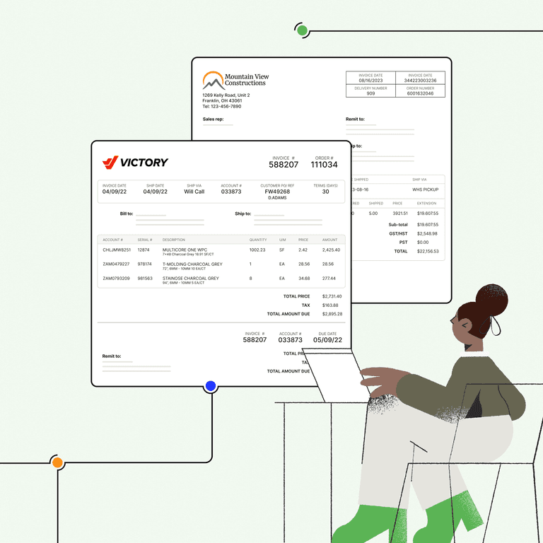Personalized invoices are enlarged infront of an accounts receivable professional
