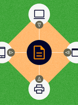 Personalized invoice delivery or omnichannel invoice delivery depicted with different invoice delivery icons: email, phone, paper, web-browser