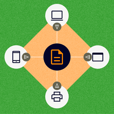 Personalized invoice delivery or omnichannel invoice delivery depicted with different invoice delivery icons: email, phone, paper, web-browser