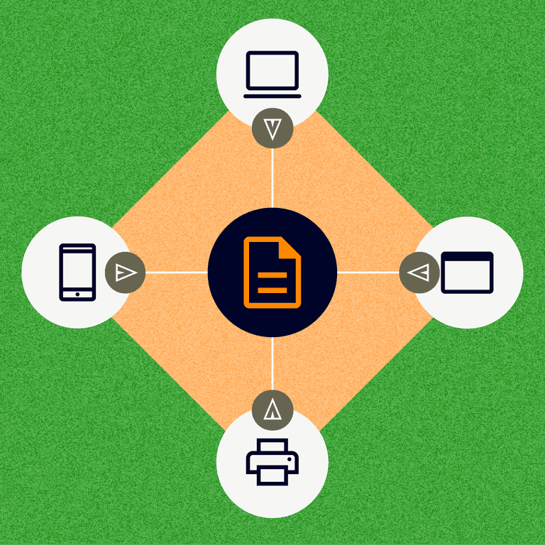 Personalized invoice delivery or omnichannel invoice delivery depicted with different invoice delivery icons: email, phone, paper, web-browser