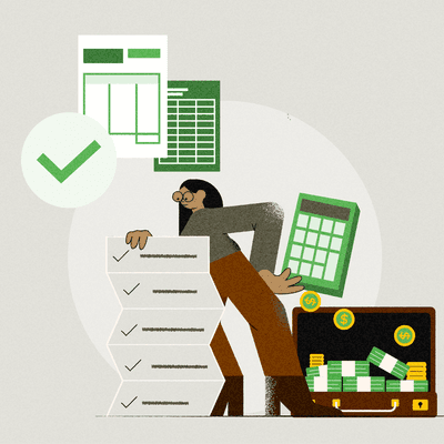 The Matching Principle: A spreadsheet, briefcase full of cash, and a calculator float around an AR professional