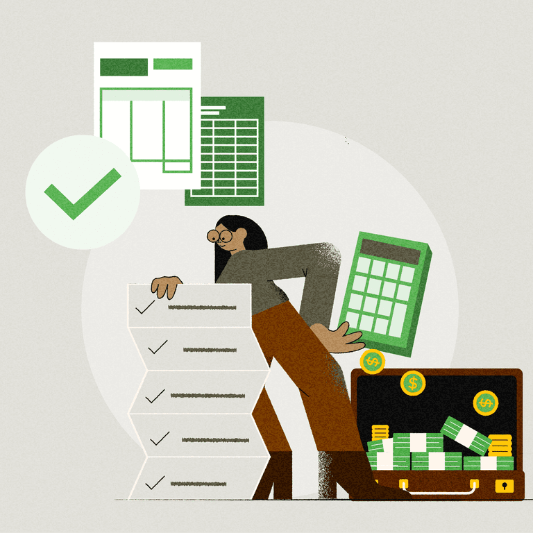 The Matching Principle: A spreadsheet, briefcase full of cash, and a calculator float around an AR professional