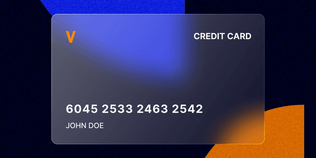 Virtual credit card on a black, orange, and blue background
