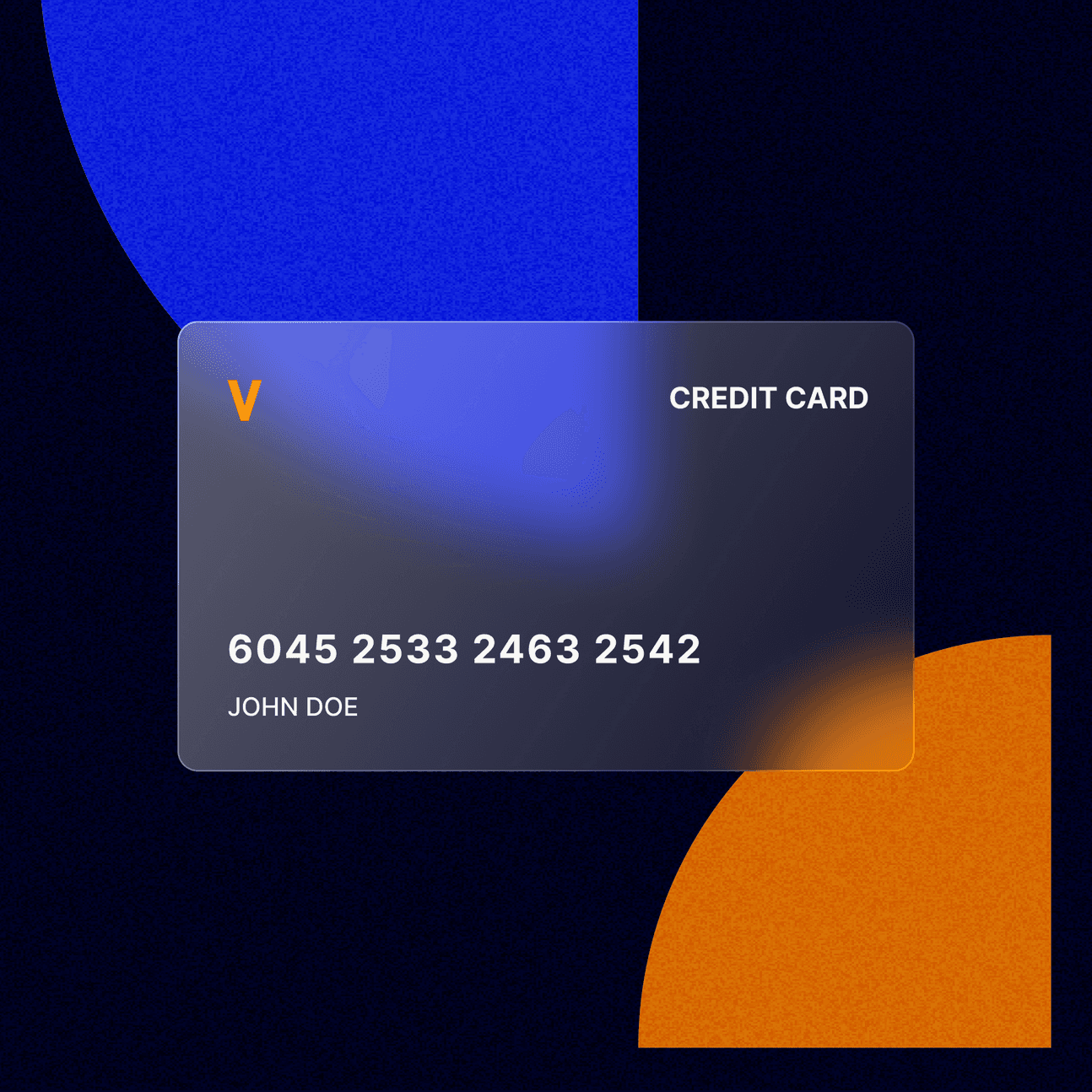 Virtual credit card on a black, orange, and blue background