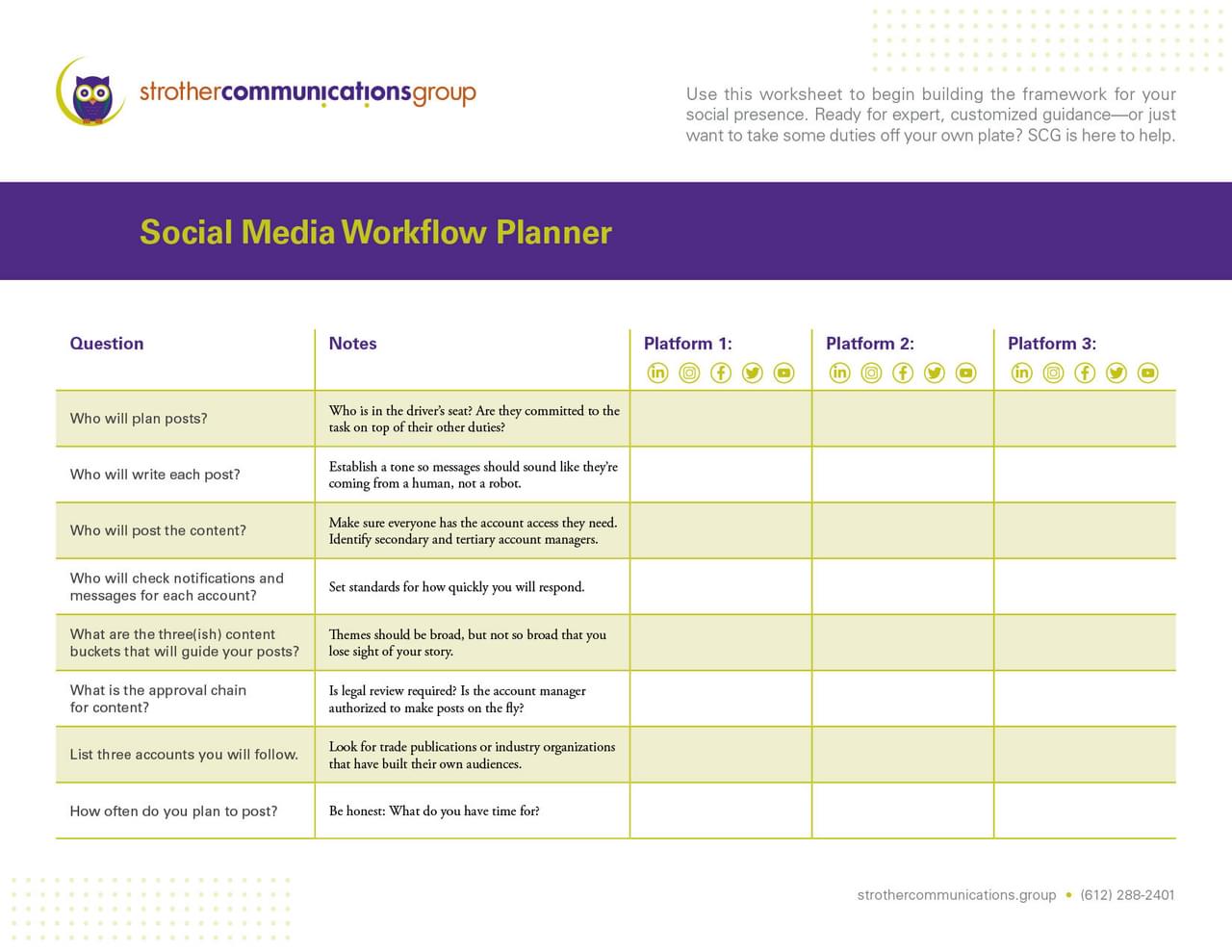 SCG social media worksheet