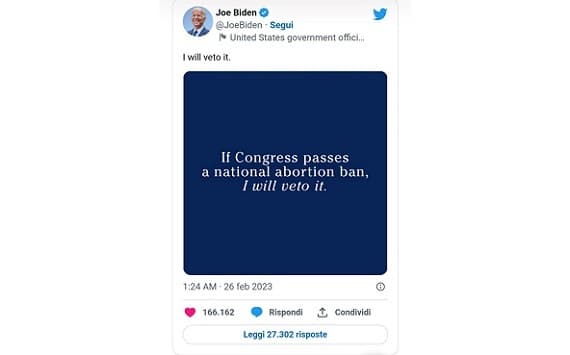 Biden: se al Congresso passa divieto di aborto, porrò il veto!