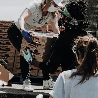 Handing out supplies