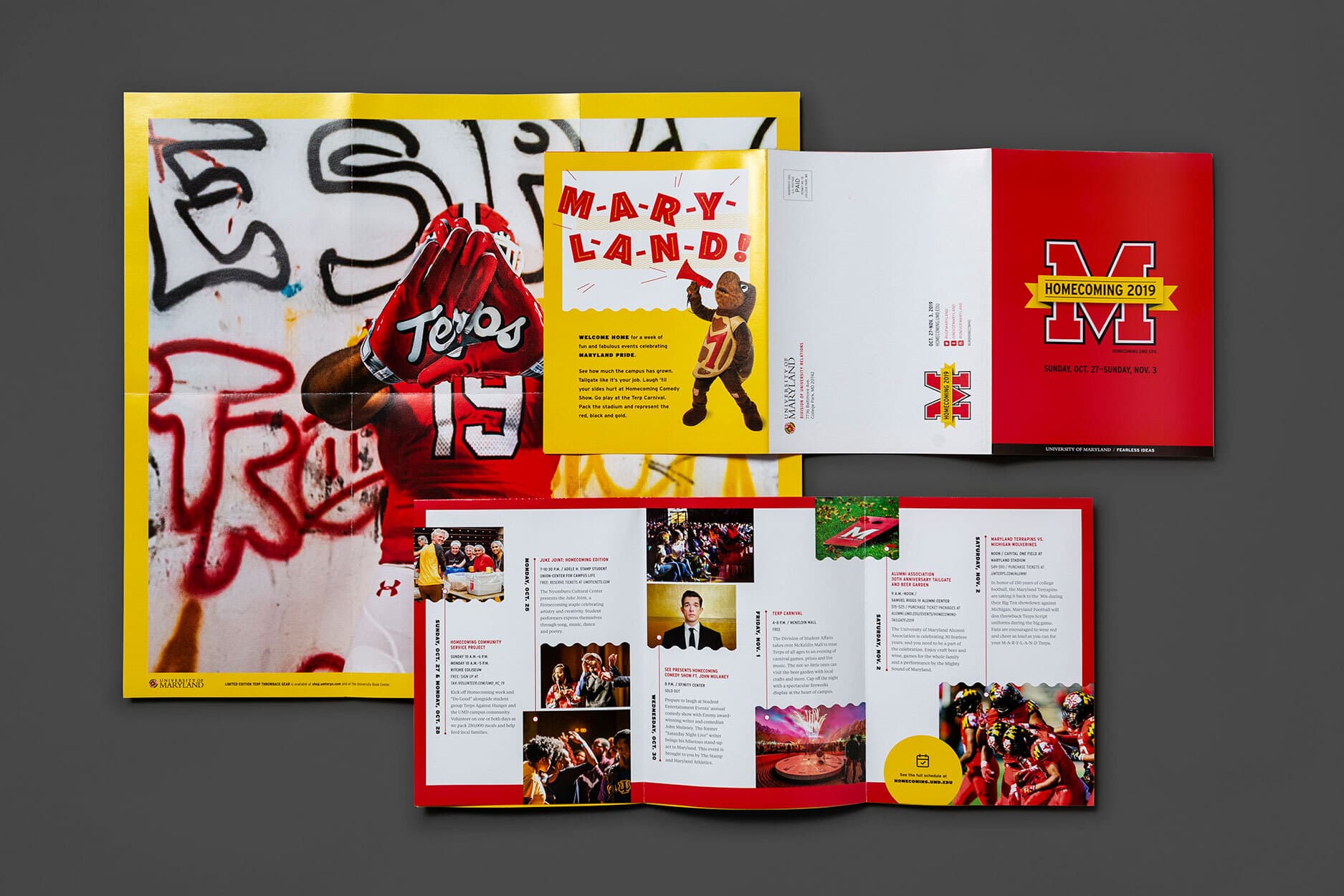 Examples of Maryland Homecoming print materials including the brochure, and a fold-out poster
