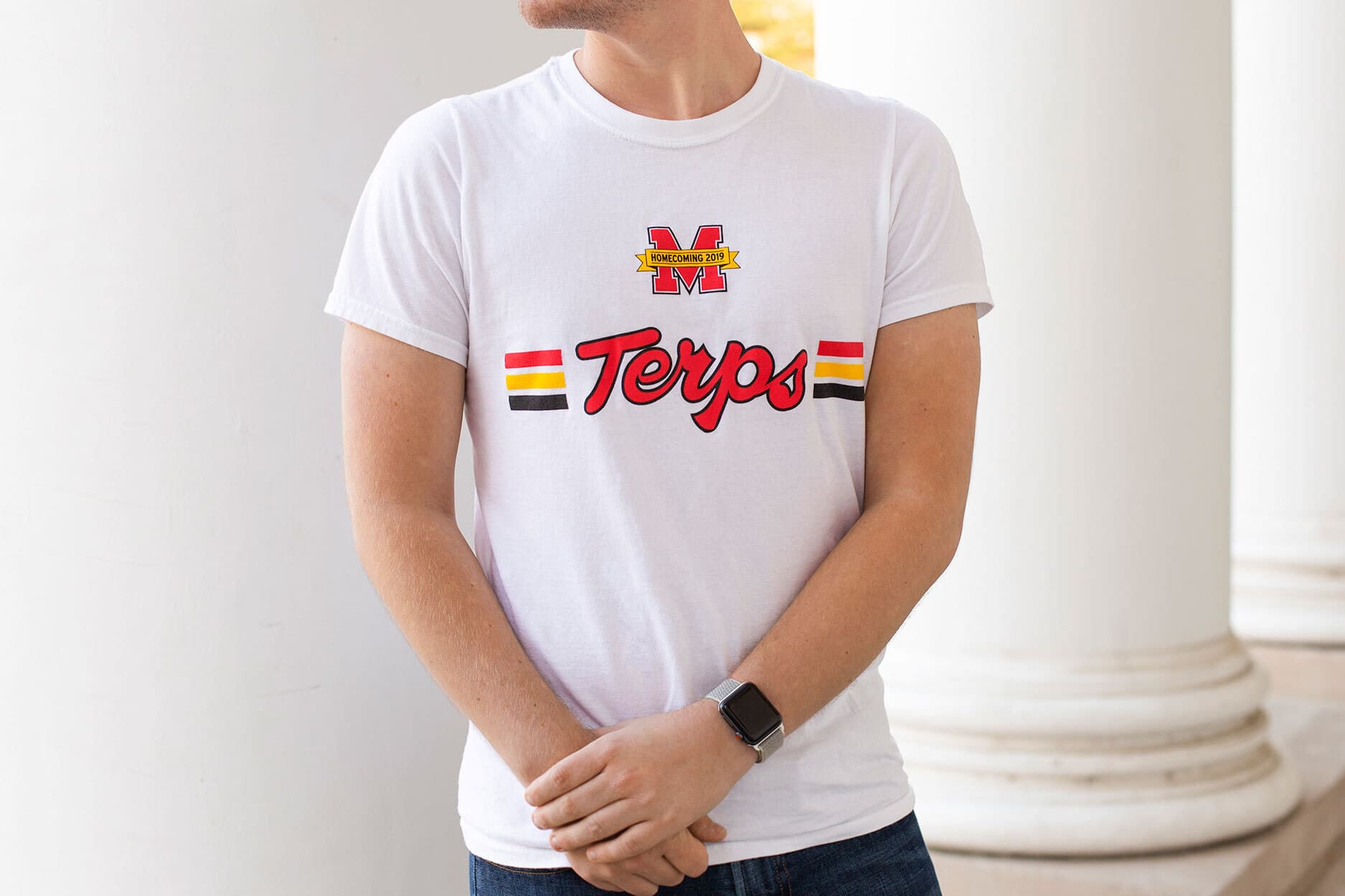 Commemorative homecoming T-shirt with the word Terp in red cursive lettering under the Maryland M in red