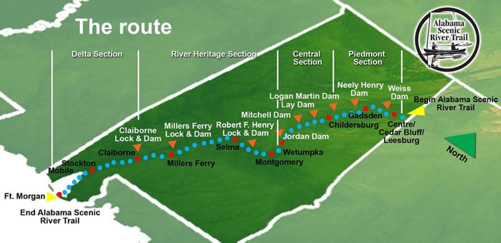 The route of the Alabama Scenic River Trail across the state