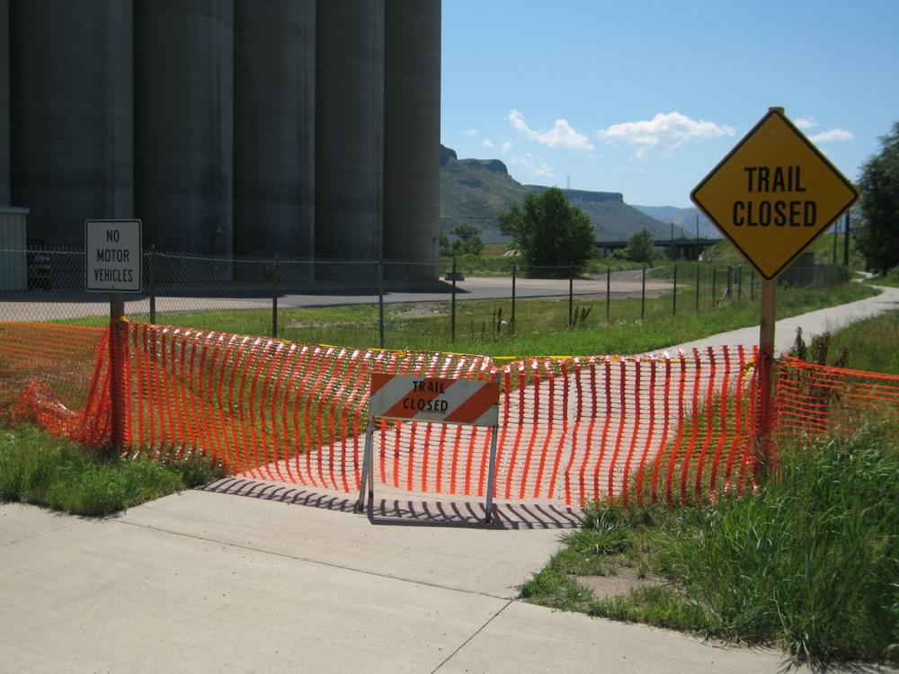 Clear Creek Trail closed due to construction activity adjacent to the trail; detour provided along adjacent 44th Avenue. Jefferson County Open Space west of Denver, Colorado