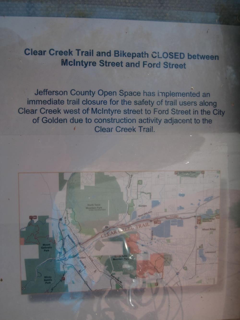 Trail closure sign includes map; Jefferson County Open Space west of Denver, Colorado