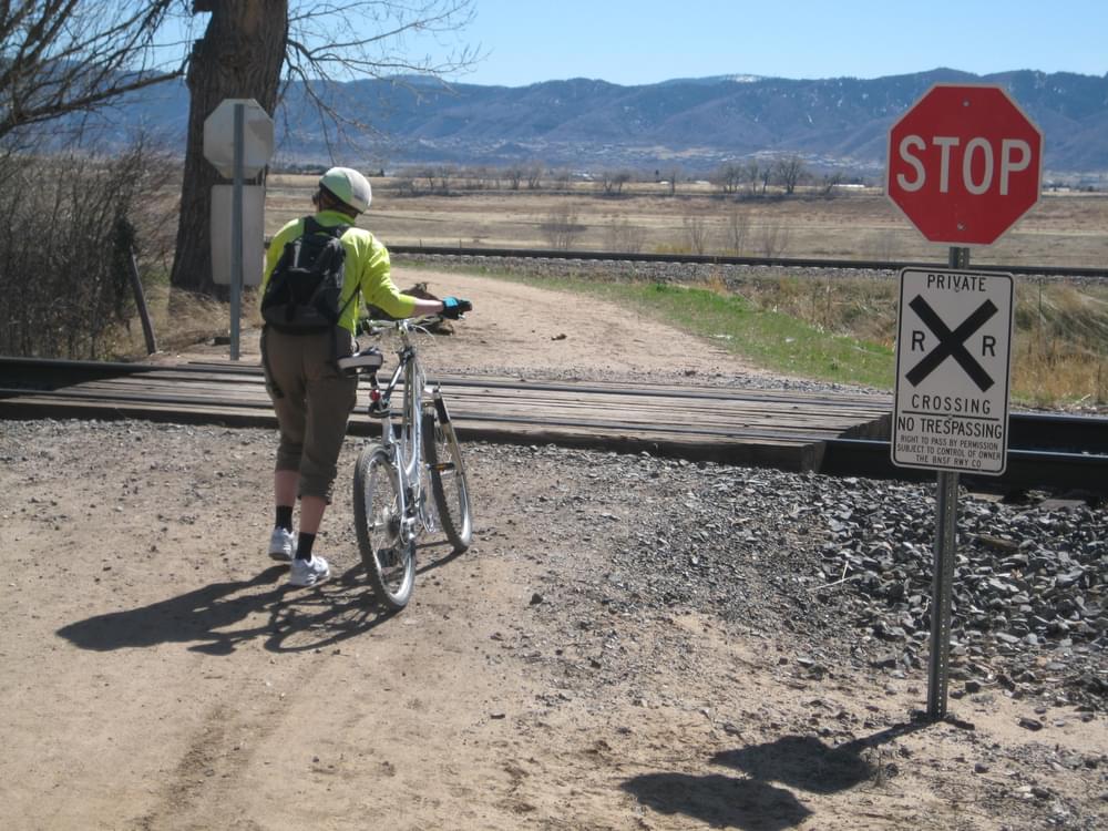 Private railroad crossing on Highline Canal Trail, owned by Denver Water Board; Littleton, Colorado