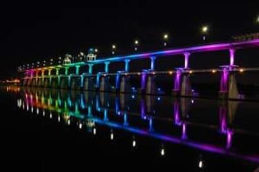 Little Rock's "Big Dam Bridge" with dramatic nighttime lighting