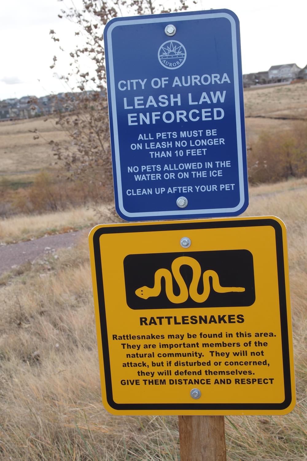 Warning about rattlesnakes accompanies dog regulations sign! More incentive to pet owners to use the leash at Aurora Reservoir Park, Colorado