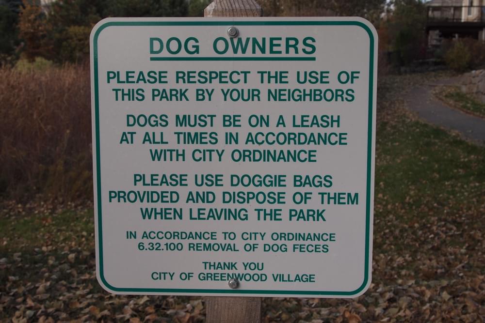 Greenwood Village, Colorado lists all the regulations for dog owners on a separate sign