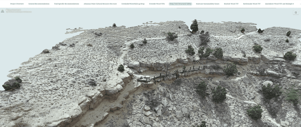 ArcGIS Online StoryMap with a drone photogrammetry 3D model embedded allows users to interact with the model by rotating, reading assessment notes, and zooming in to see details and understand the overall site conditions