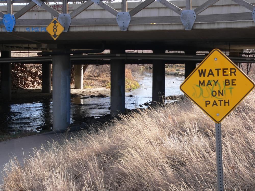 Another variation on flood warning signs, "Water may be on path" on Cherry Creek Trail; Denver, Colorado