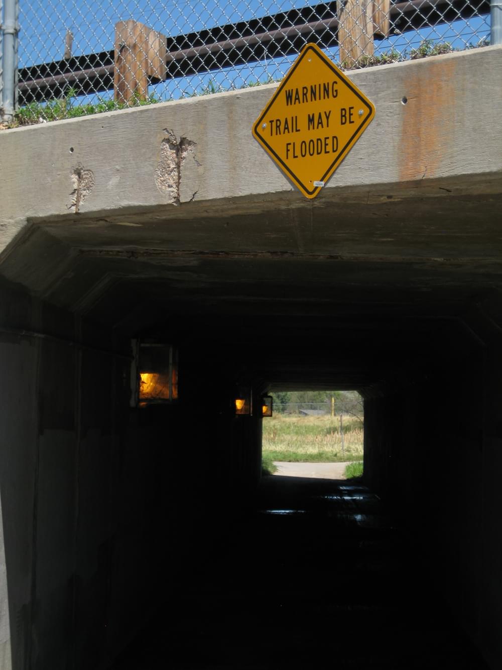 Another variation on flood warning signs, "Water may be on path" on Cherry Creek Trail; Denver, Colorado