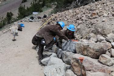 Members of the California Conservation Corps constructed retaining walls, causeways and steps on the Lassen Peak Trail at Lassen National Park. - Credit: California Conservation Corps