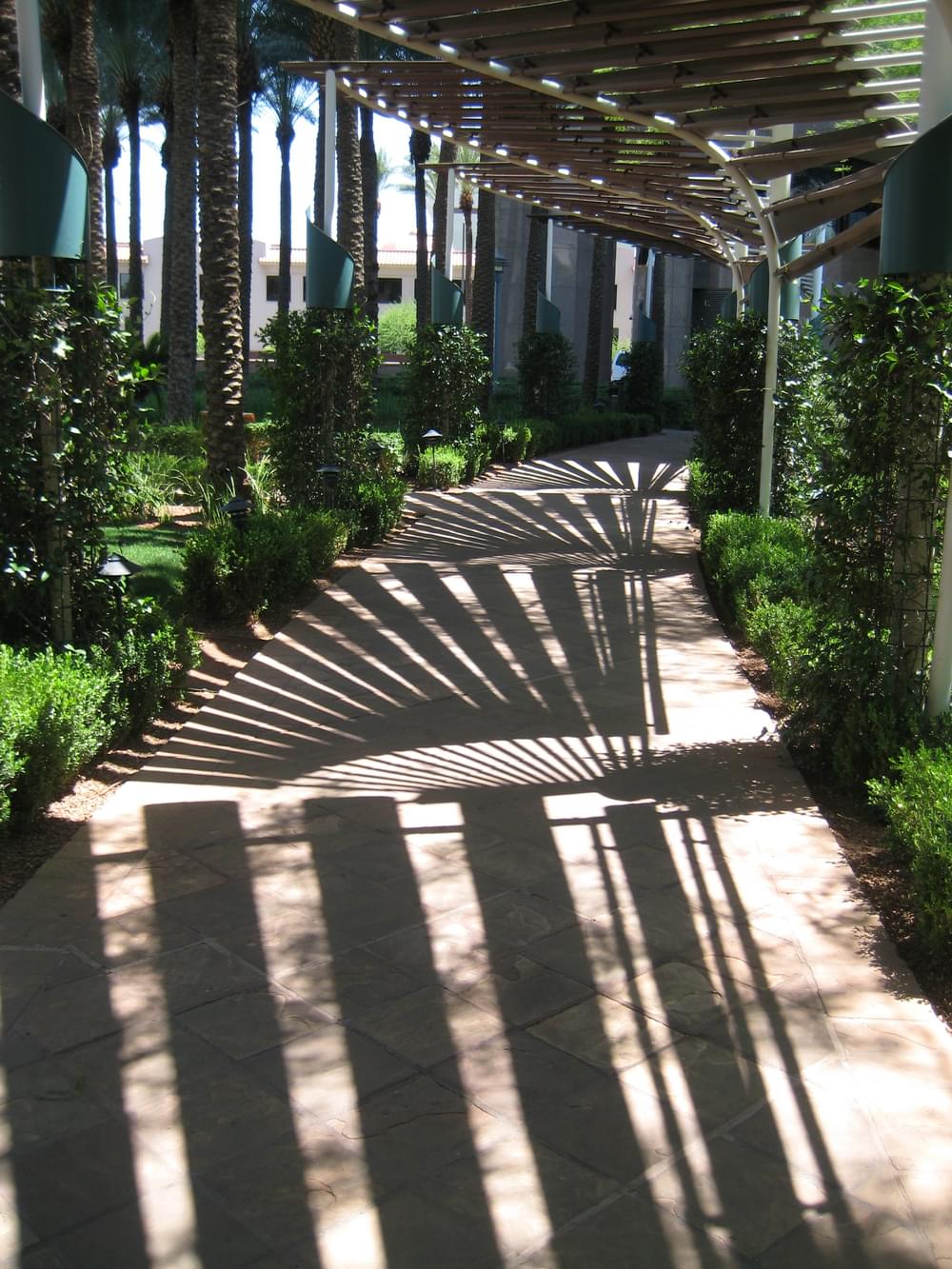 Artistic shade structures add interesting shadows to park trail in downtown Phoenix, Arizona