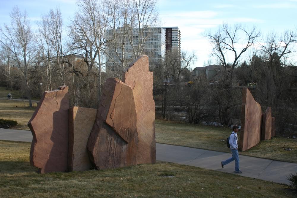 Sandstone slabs make an artistic gateway to a section of Cherry Creek Trail, Denver, Colorado.