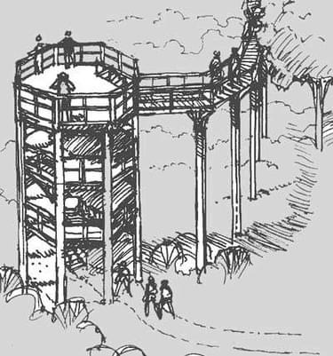 Planned hawk observation tower with both stairs and a wheelchair-accessible ramp