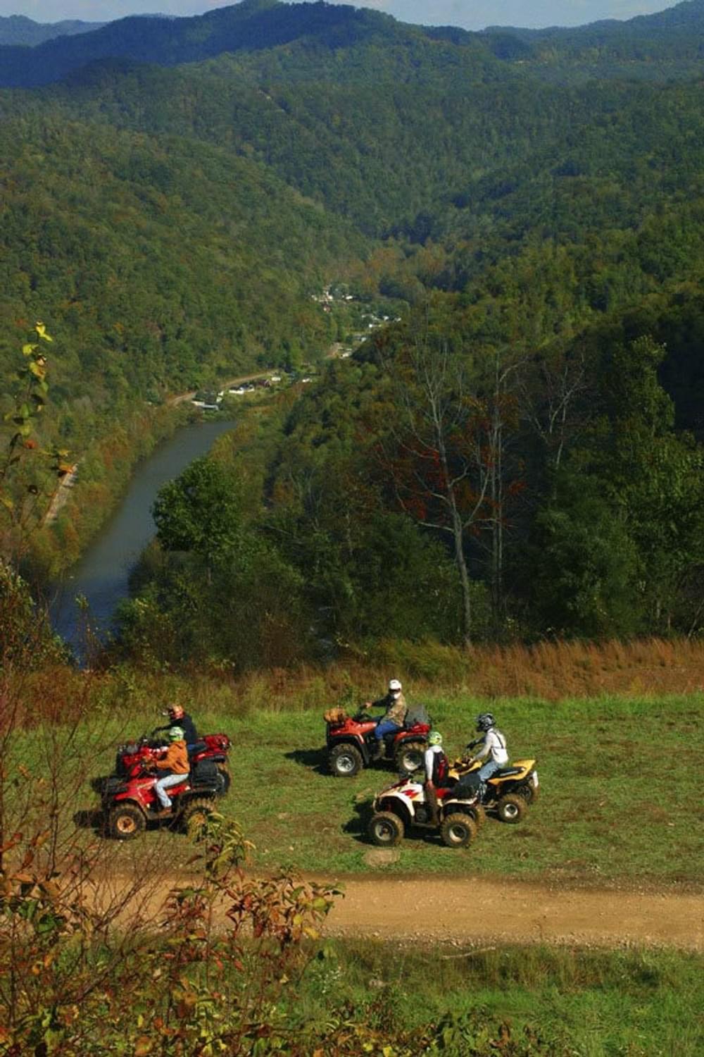 Sightseeing ATV riders on the Hatfield-McCoy Trail System in West Virginia