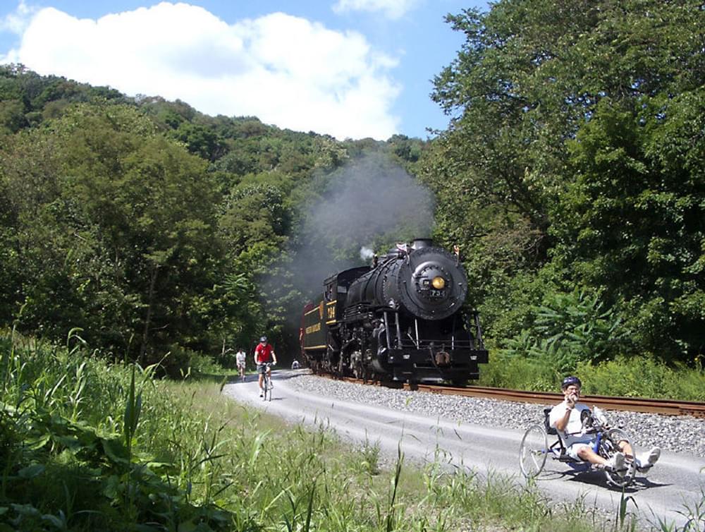 Steam shares the trail on the Allegheny Highlands section of the Great Allegheny Passage east of Frostburg, Maryland