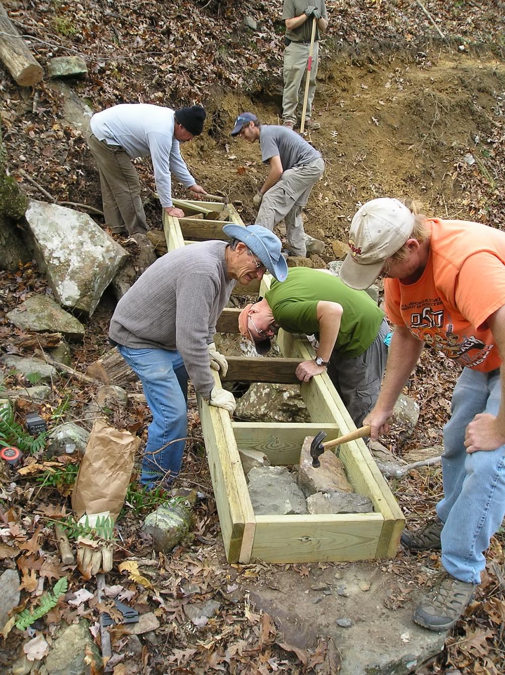 Volunteers building a bridge on the Ouachita National Recreation Trail in Oklahoma during the Western End Extravaganza