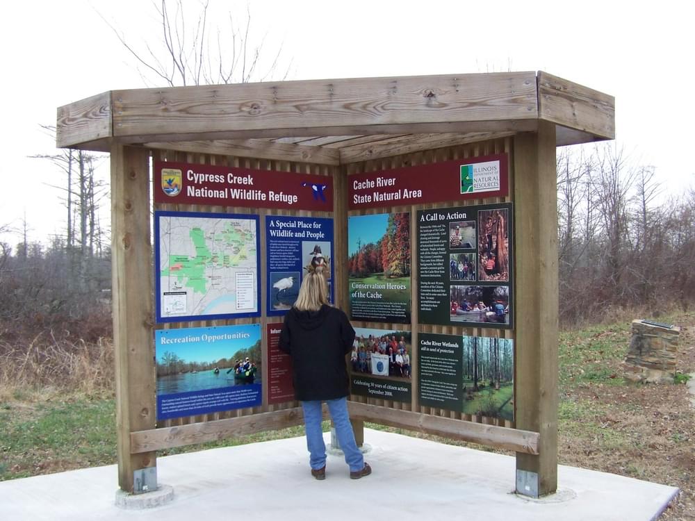 Wildlife education signs on the Lower Cache River National Recreation Trail; Pulaski County, Illinois 