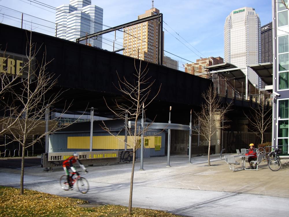 Downtown Bike Station in Pittsburgh provides rentals and bike service as well as a rest stop and (in summer) a misting fountain on the Three Rivers Heritage Trail