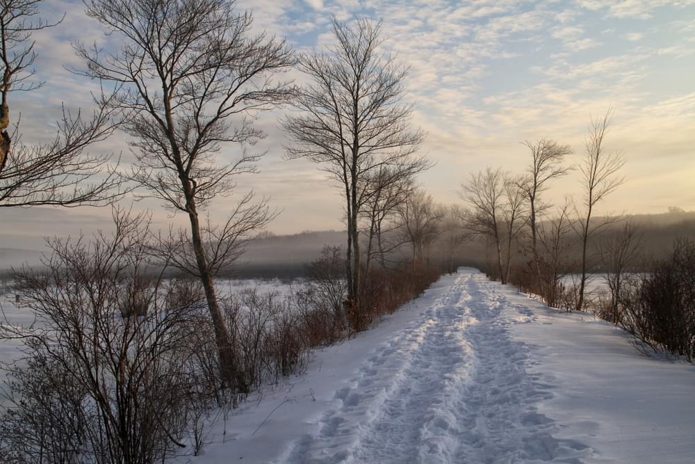 Raymond Brook Marsh in winter is a scenic highlight of the trail for those intrepid skiers and snowshoers who venture out on the Air Line Trail in Connecticut